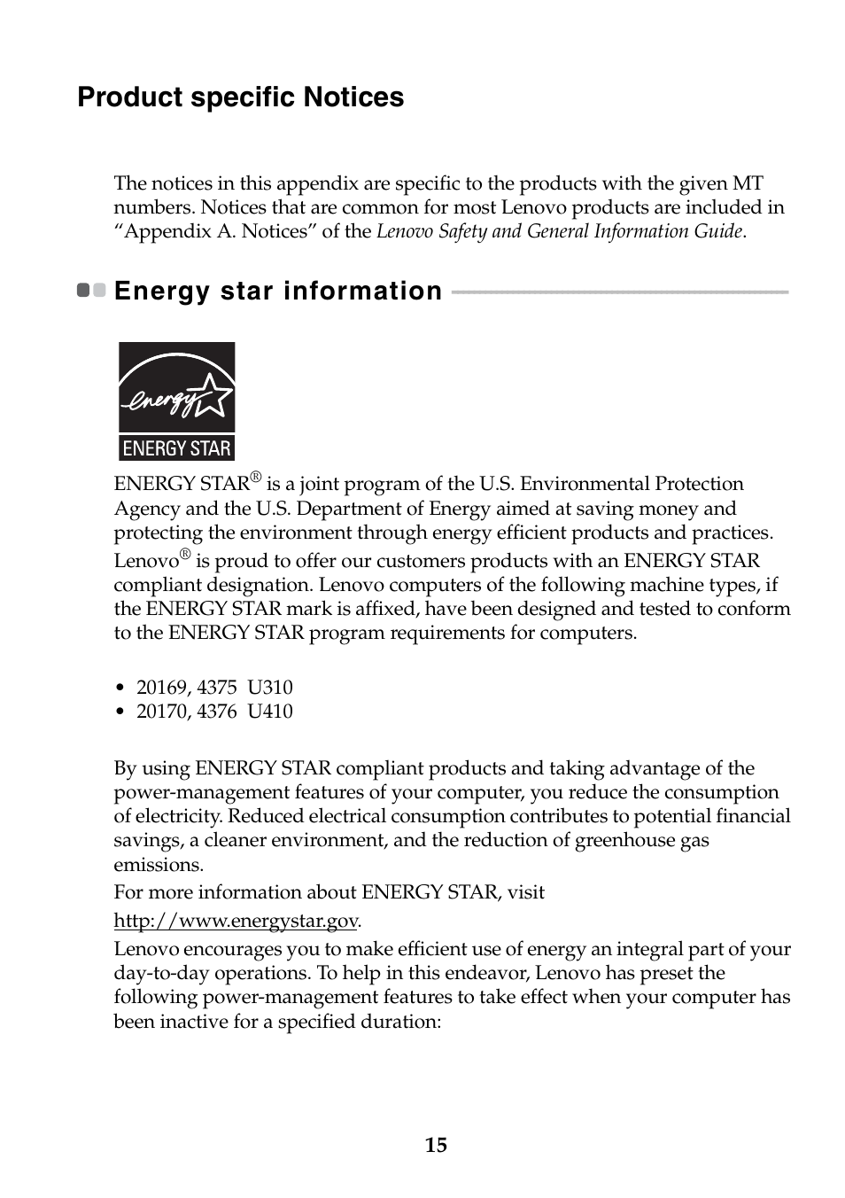 Product specific notices, Energy star information | Lenovo IdeaPad U310 User Manual | Page 15 / 24