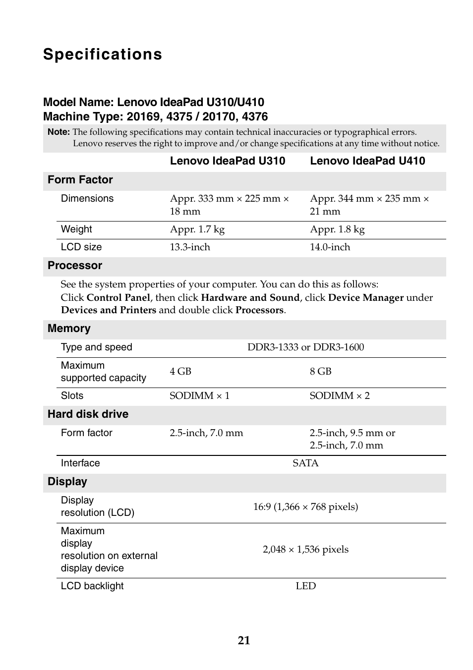Specifications | Lenovo IdeaPad U310 User Manual | Page 21 / 24