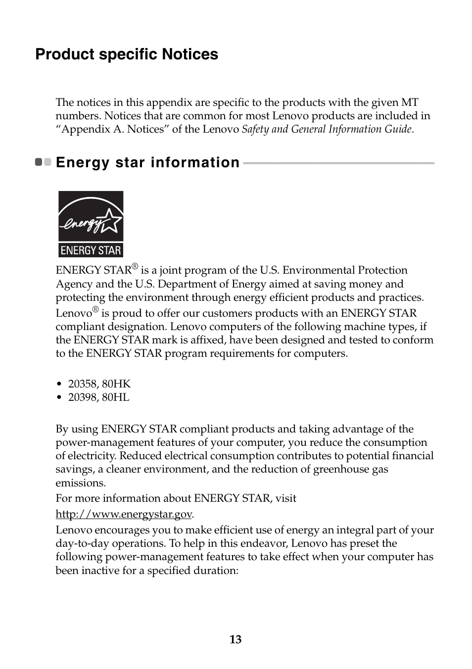 Product specific notices, Energy star information | Lenovo M50-70 Notebook User Manual | Page 13 / 20