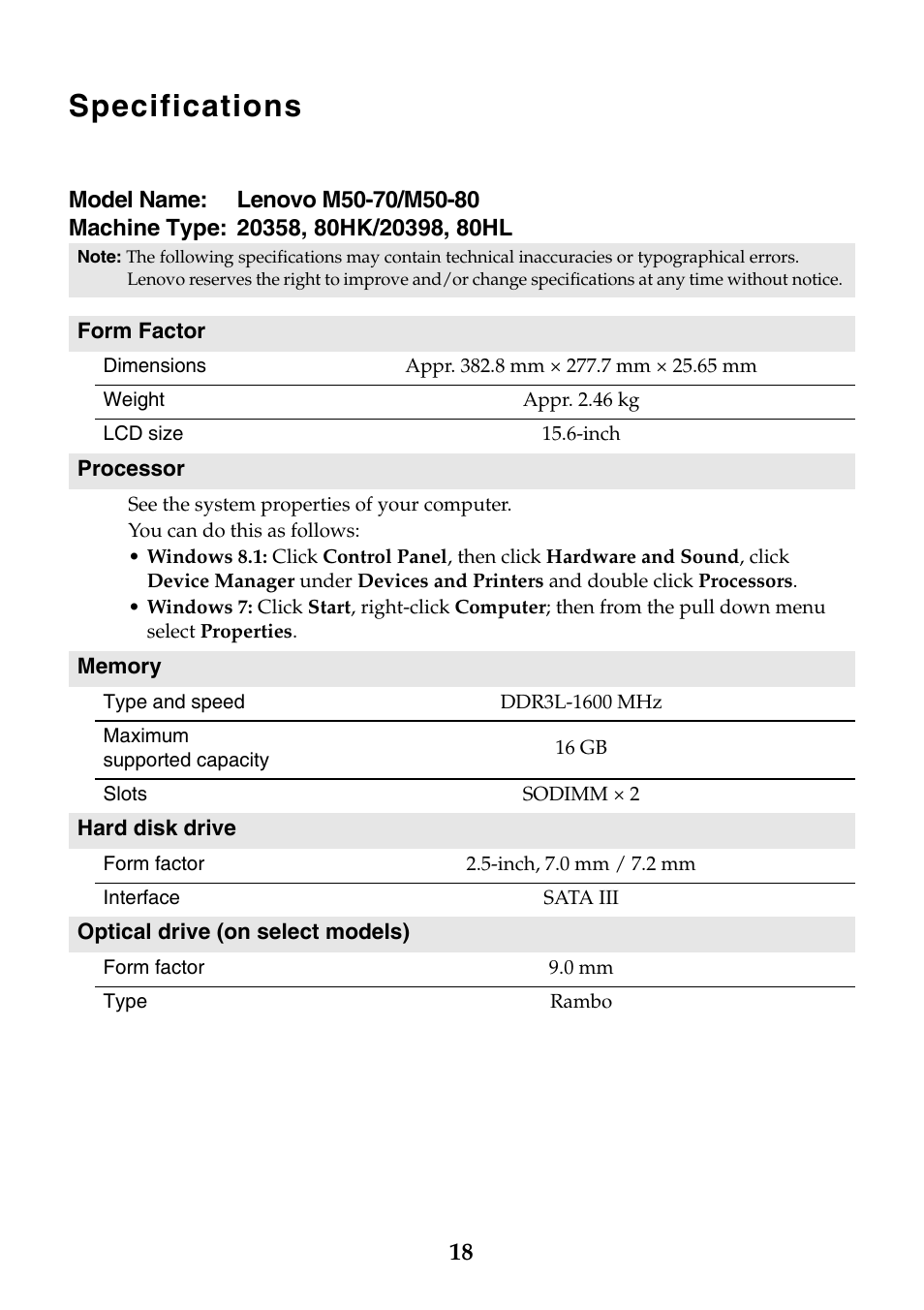 Specifications | Lenovo M50-70 Notebook User Manual | Page 18 / 20