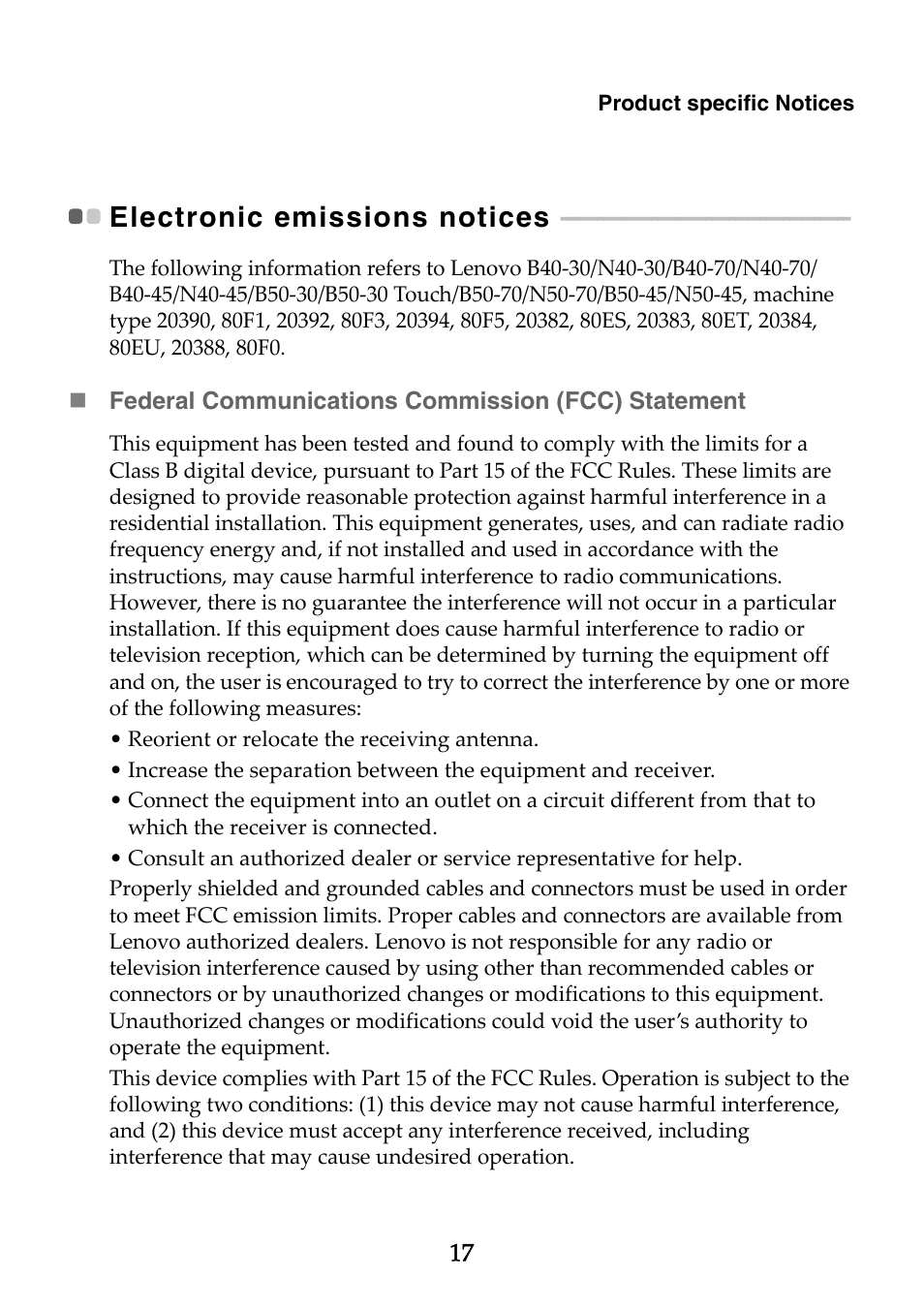 Electronic emissions notices | Lenovo B40-70 Notebook User Manual | Page 17 / 23