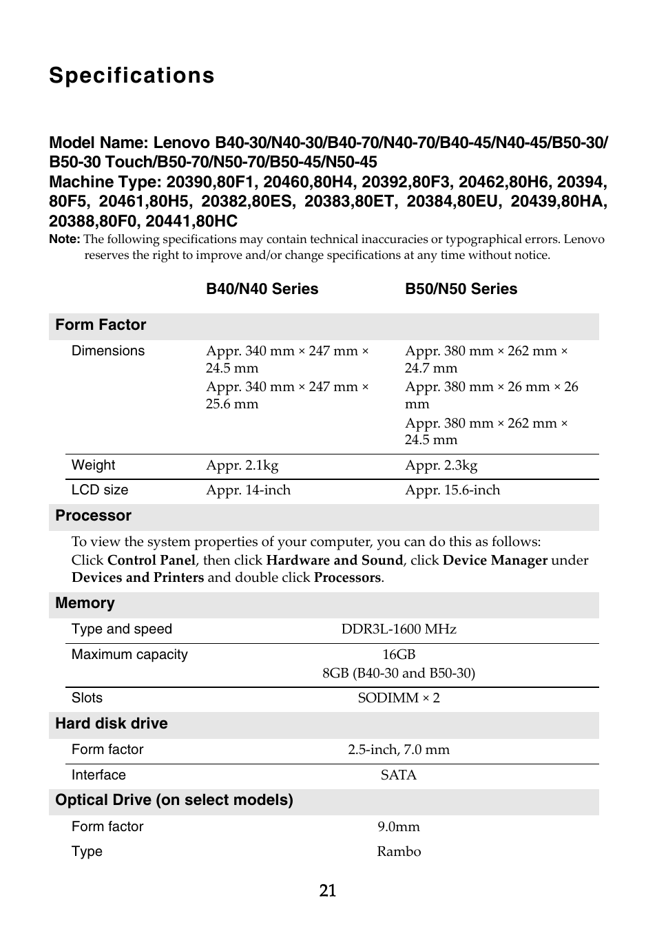 Specifications | Lenovo B40-70 Notebook User Manual | Page 21 / 23