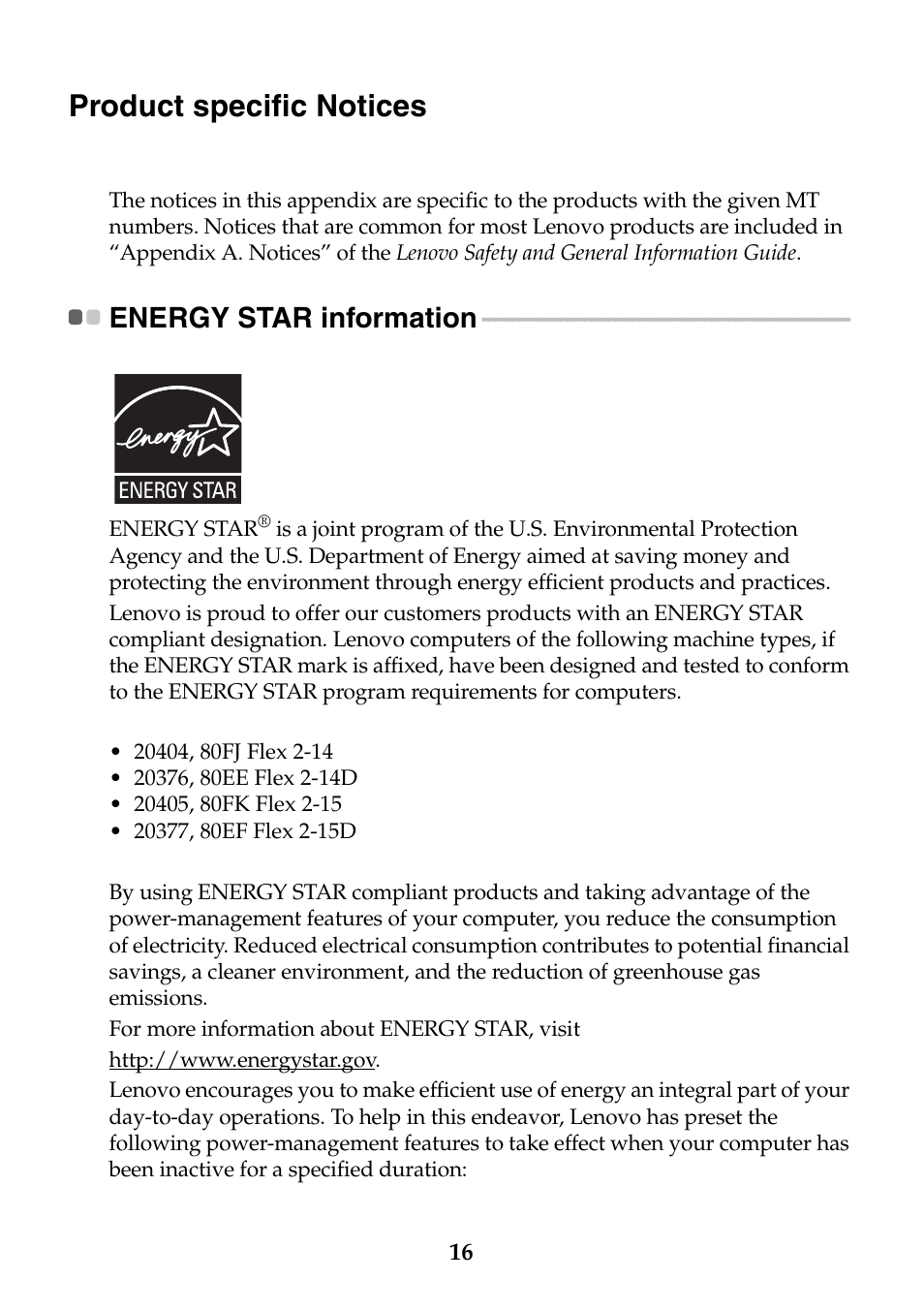 Product specific notices, Energy star information | Lenovo Flex 2-14 Notebook Lenovo User Manual | Page 16 / 24