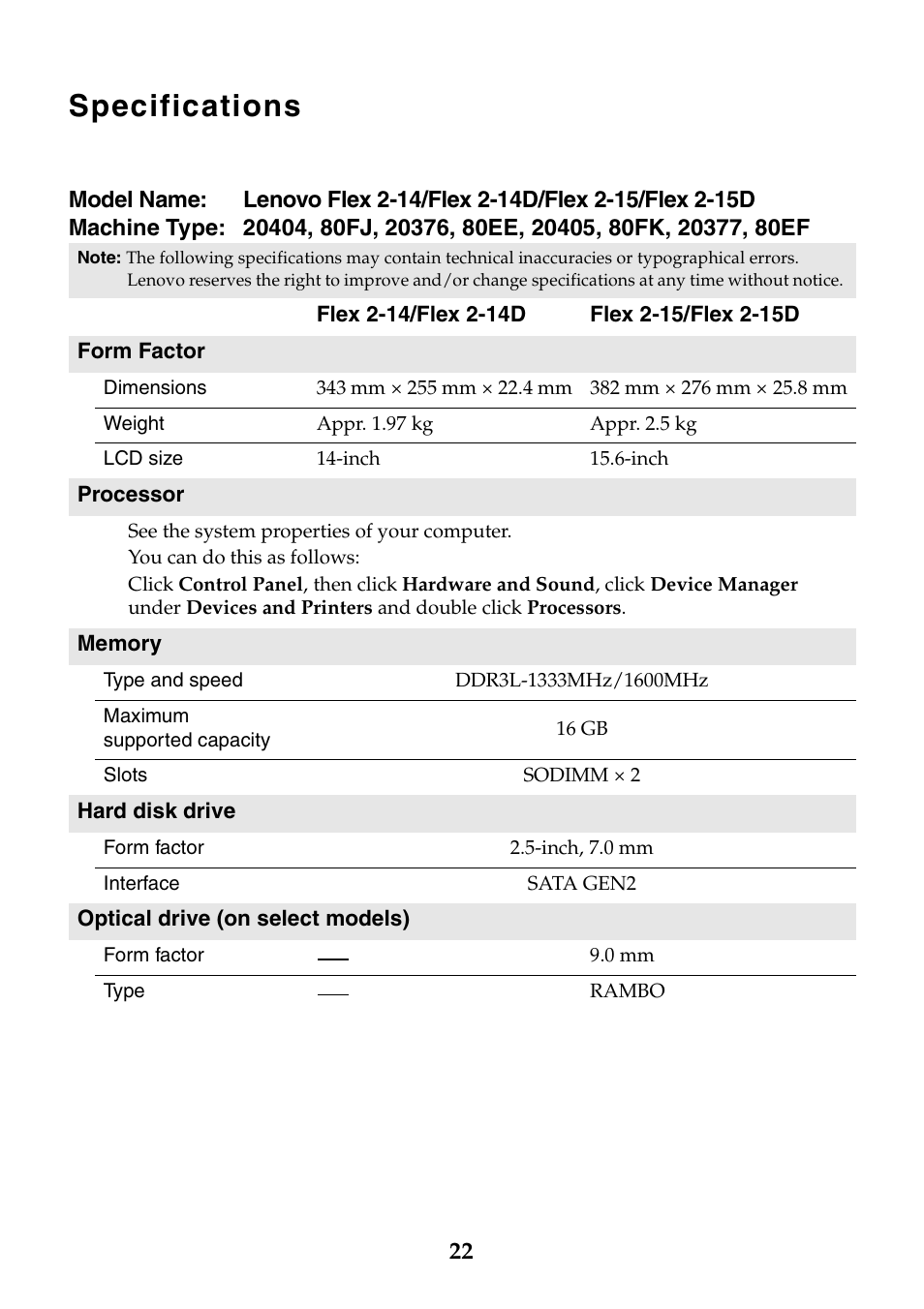 Specifications | Lenovo Flex 2-14 Notebook Lenovo User Manual | Page 22 / 24