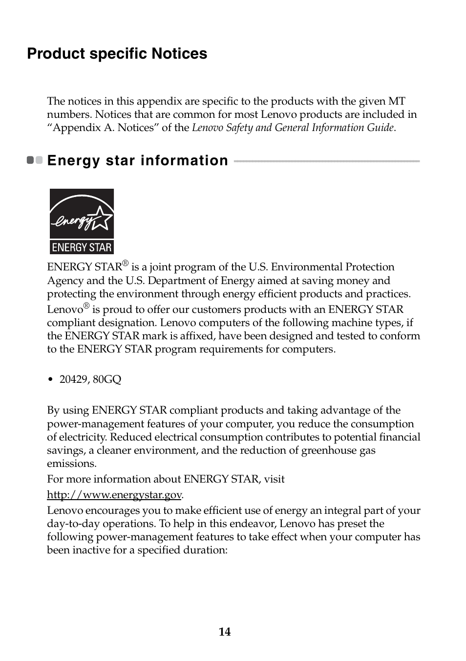 Product specific notices, Energy star information | Lenovo S40-70 Notebook User Manual | Page 14 / 22