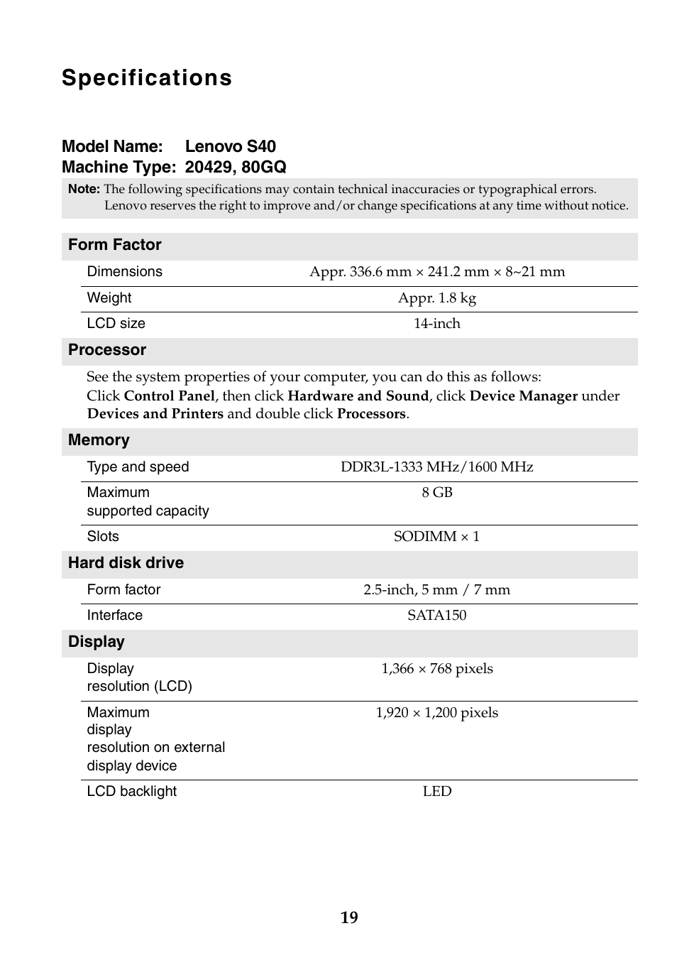 Specifications | Lenovo S40-70 Notebook User Manual | Page 19 / 22