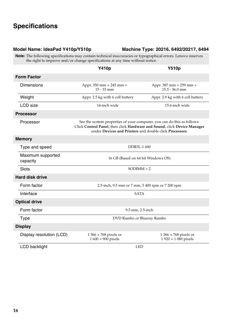 Specifications | Lenovo IdeaPad Y410p Notebook User Manual | Page 16 / 18