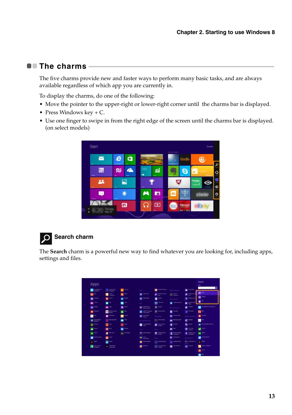 The charms | Lenovo IdeaPad Z510 Notebook User Manual | Page 17 / 35