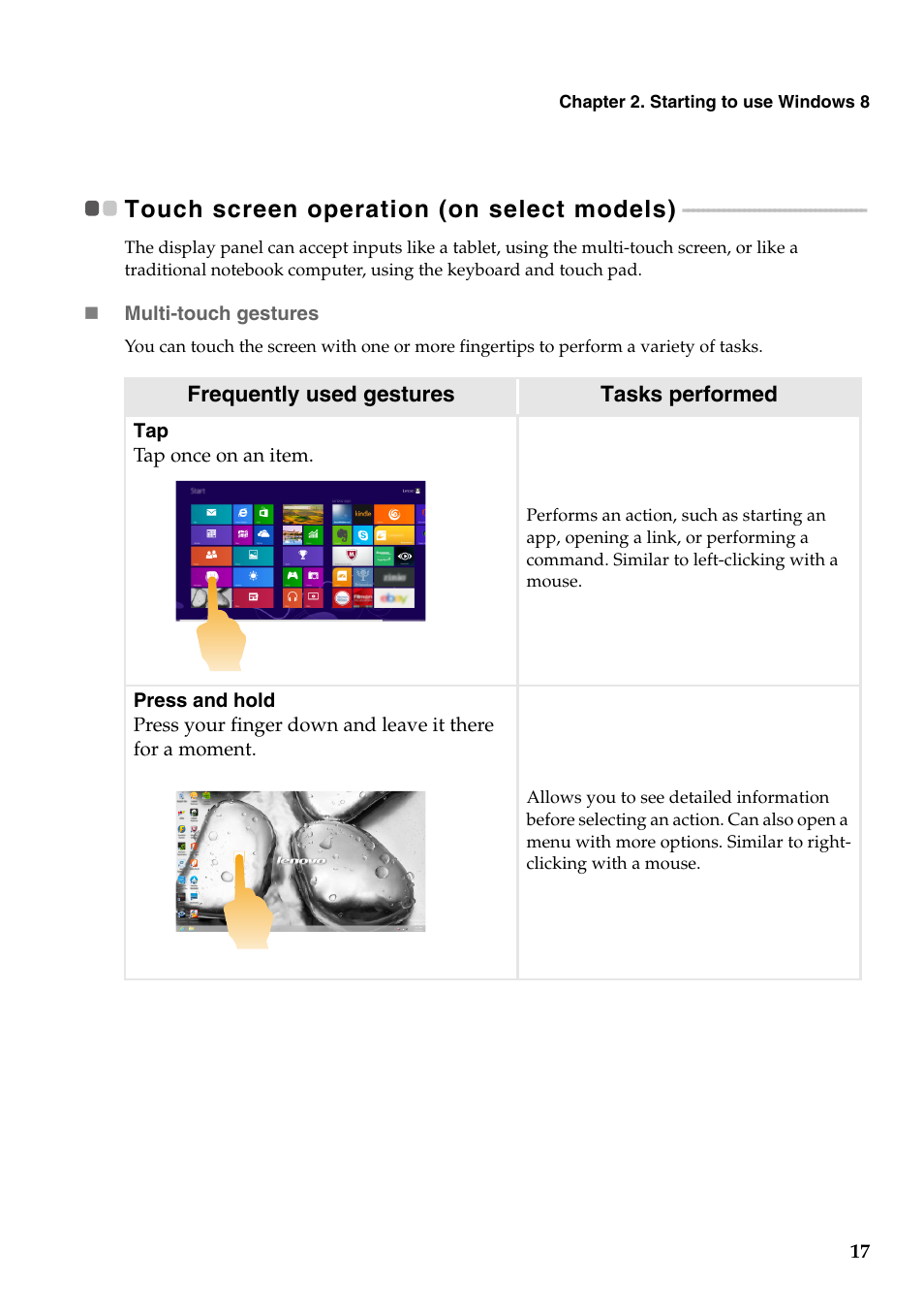 Touch screen operation (on select models) | Lenovo IdeaPad Z510 Notebook User Manual | Page 21 / 35