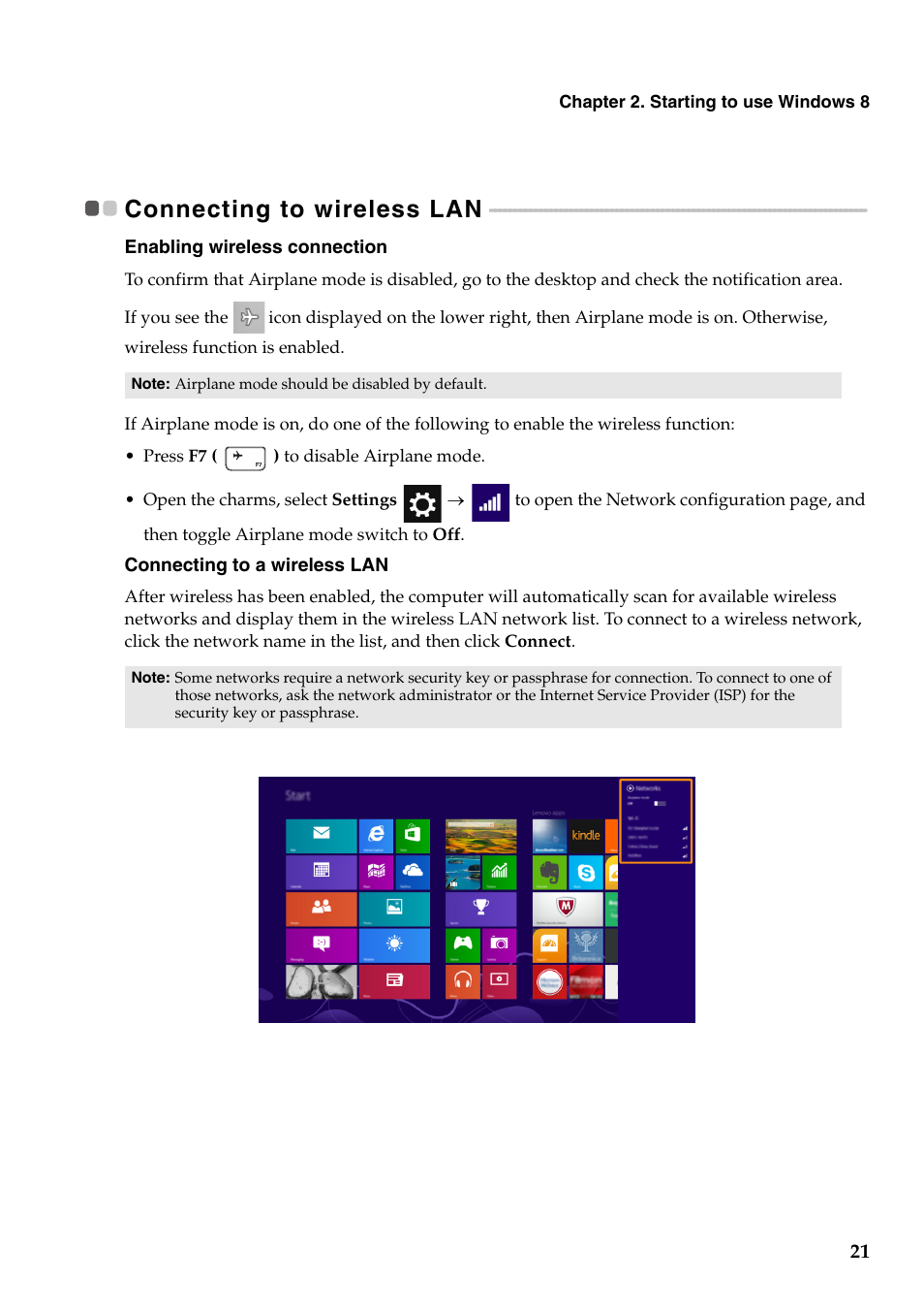 Connecting to wireless lan | Lenovo IdeaPad Z510 Notebook User Manual | Page 25 / 35