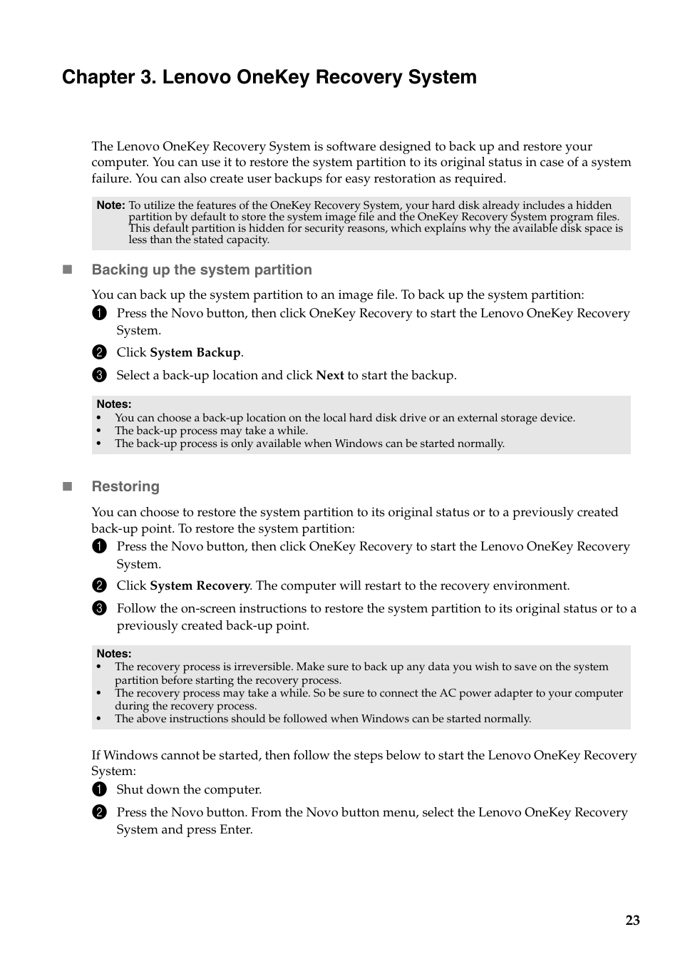 Chapter 3. lenovo onekey recovery system | Lenovo IdeaPad Z510 Notebook User Manual | Page 27 / 35