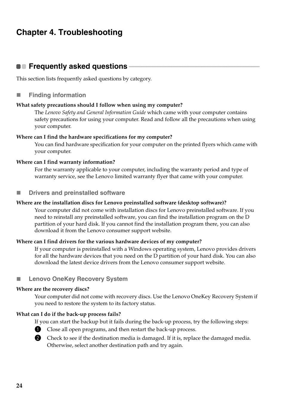 Chapter 4. troubleshooting, Frequently asked questions | Lenovo IdeaPad Z510 Notebook User Manual | Page 28 / 35