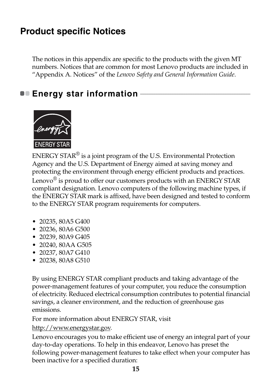 Product specific notices, Energy star information | Lenovo G400 Notebook User Manual | Page 15 / 24