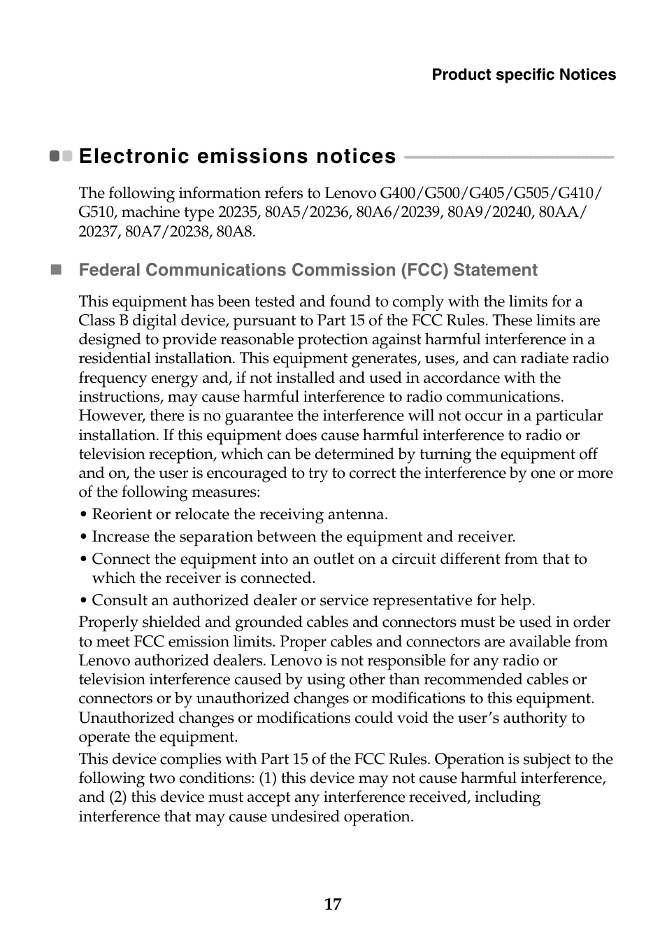 Electronic emissions notices | Lenovo G400 Notebook User Manual | Page 17 / 24