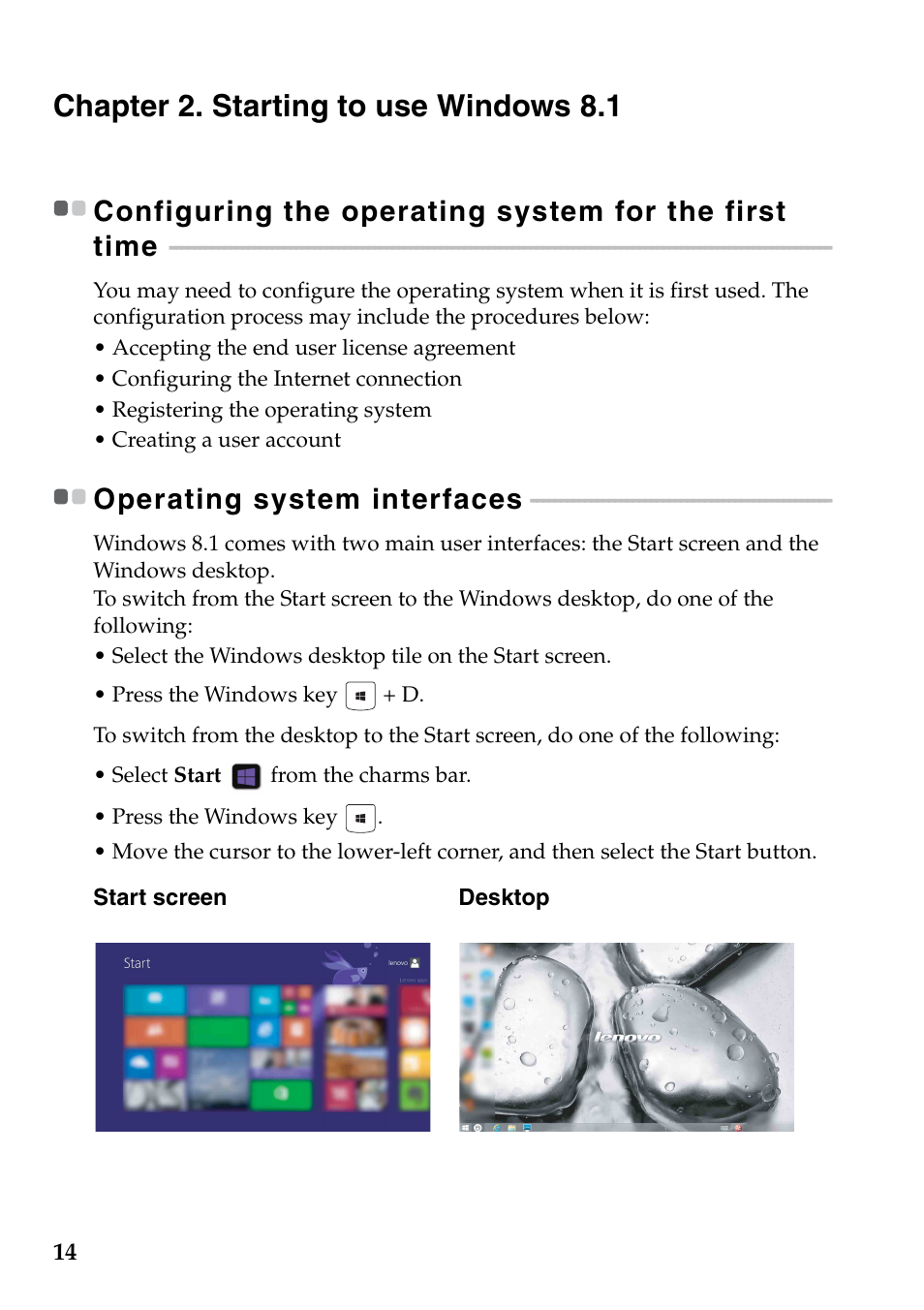 Chapter 2. starting to use windows 8.1, Operating system interfaces | Lenovo G405 Notebook User Manual | Page 18 / 46