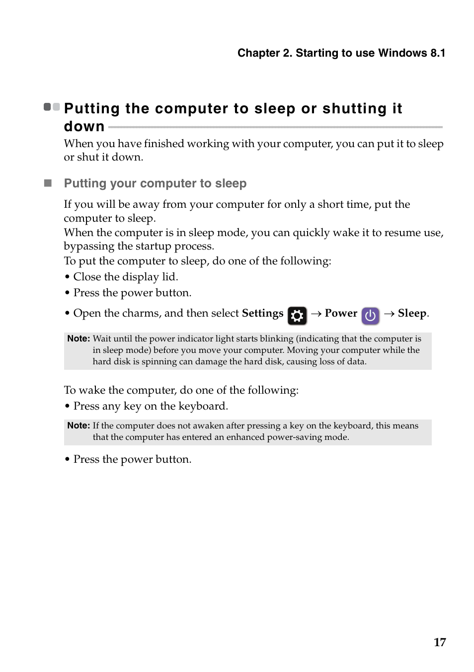 Putting the computer to sleep or shutting it down | Lenovo G405 Notebook User Manual | Page 21 / 46