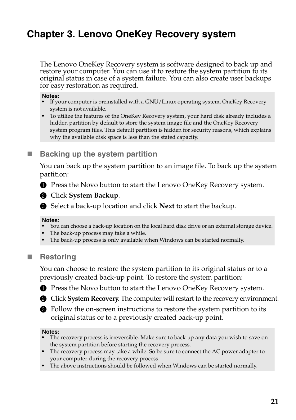 Chapter 3. lenovo onekey recovery system, Backing up the system partition, Restoring | Lenovo G405 Notebook User Manual | Page 25 / 46