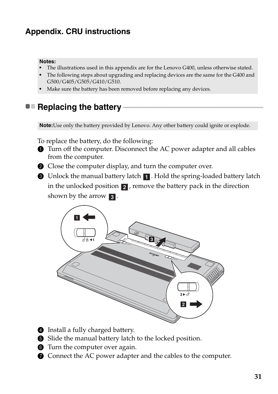 Appendix. cru instructions, Replacing the battery | Lenovo G405 Notebook User Manual | Page 35 / 46