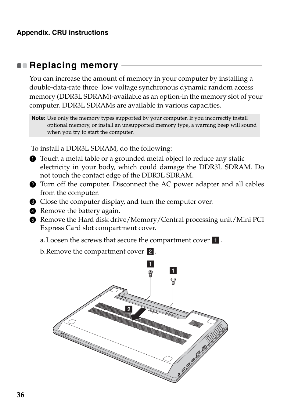 Replacing memory | Lenovo G405 Notebook User Manual | Page 40 / 46