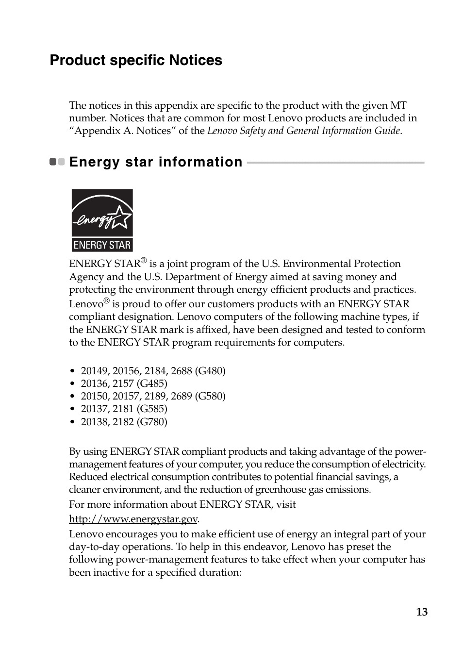 Product specific notices, Energy star information | Lenovo G580 Notebook User Manual | Page 13 / 21