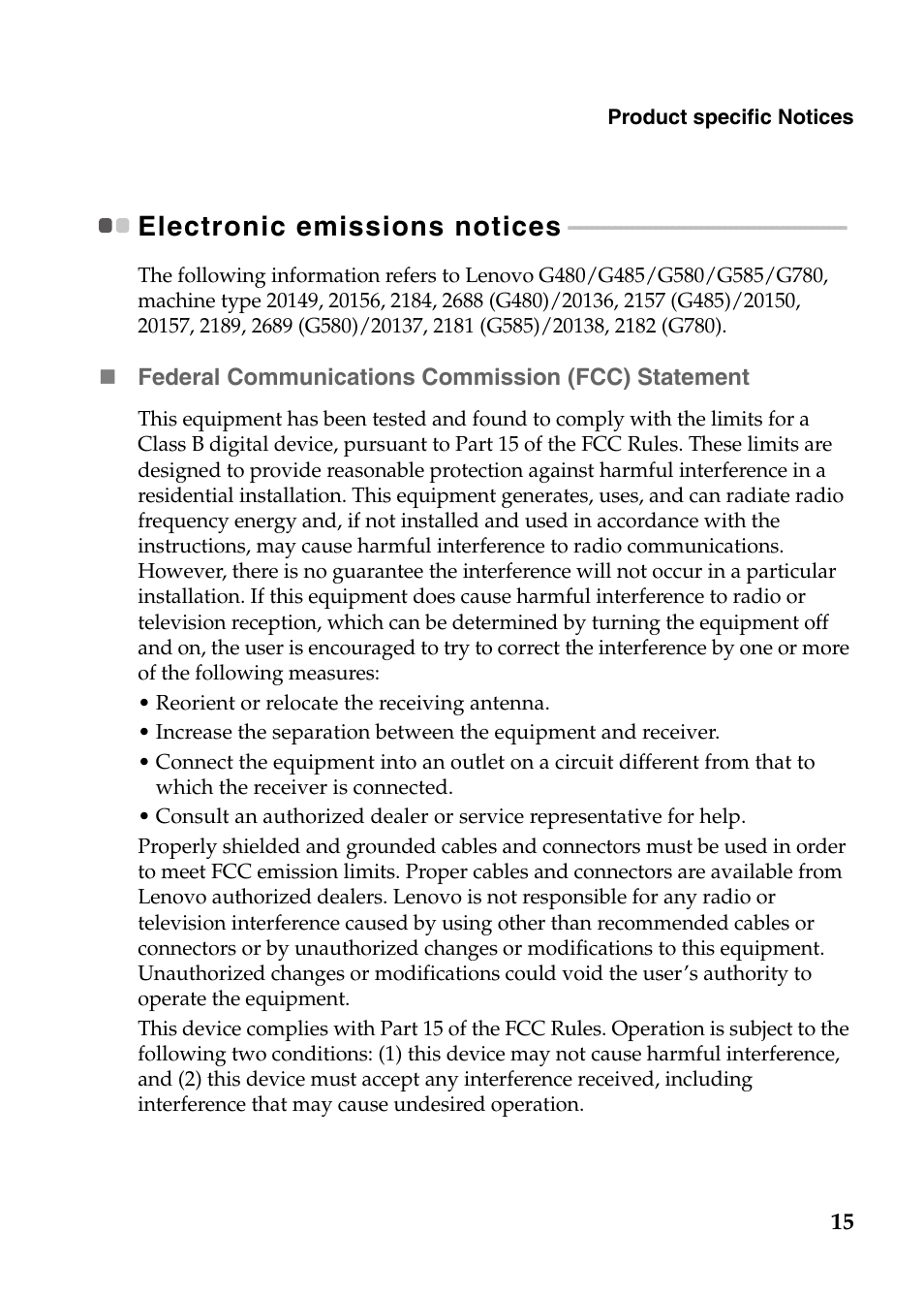 Electronic emissions notices | Lenovo G580 Notebook User Manual | Page 15 / 21