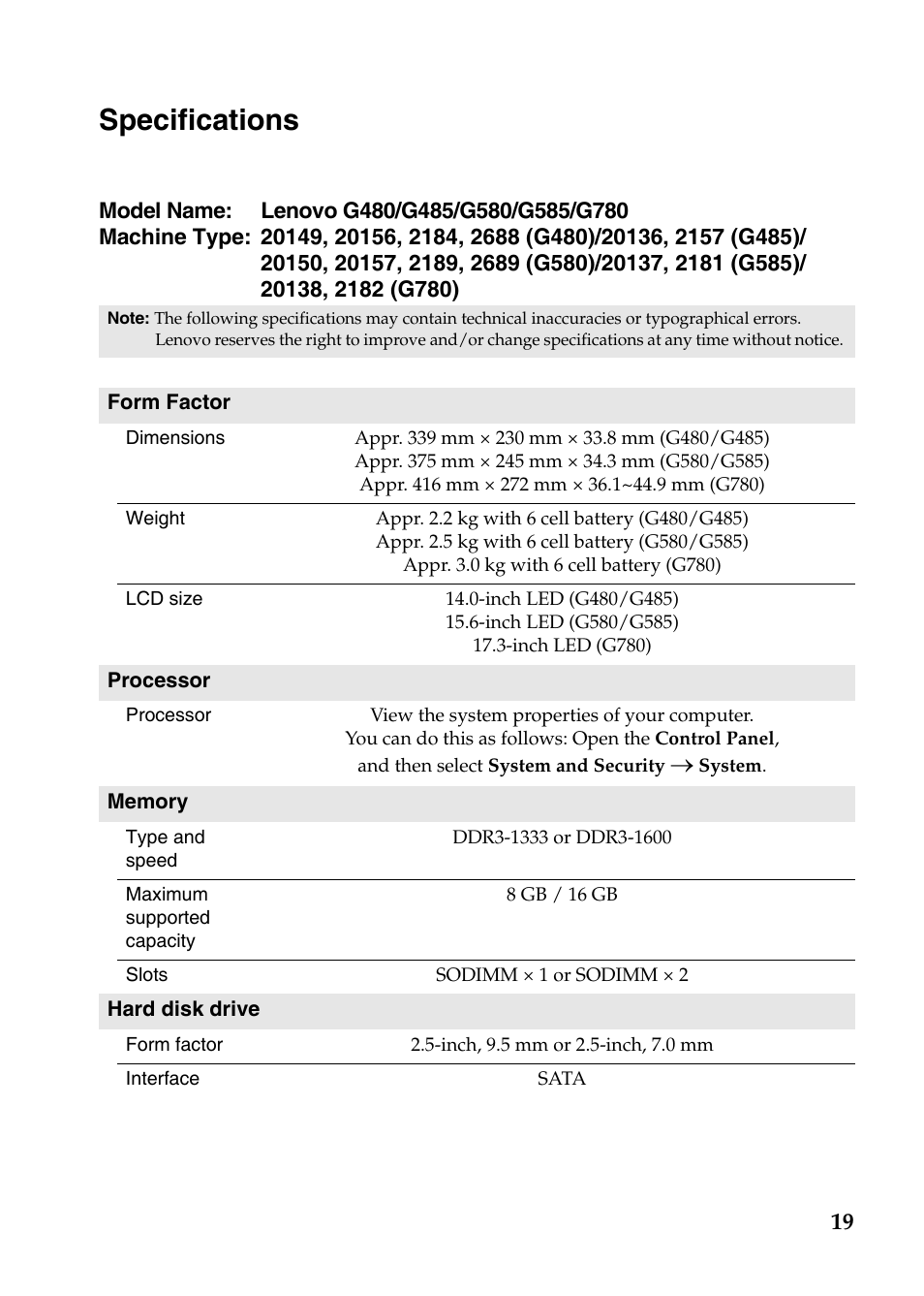 Specifications | Lenovo G580 Notebook User Manual | Page 19 / 21