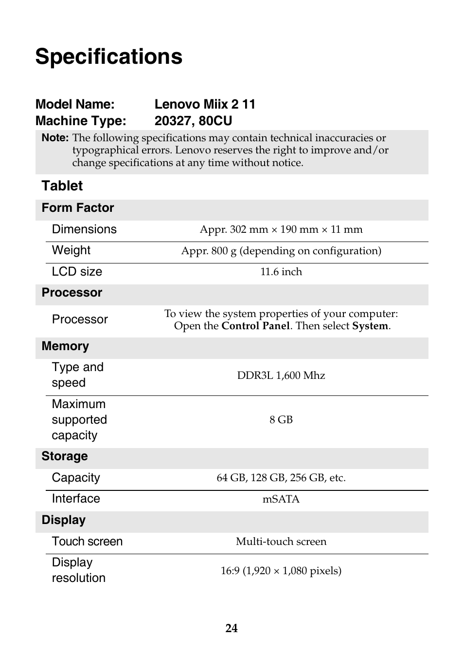 Specifications, Tablet | Lenovo Miix 2 11 Tablet Lenovo User Manual | Page 24 / 27