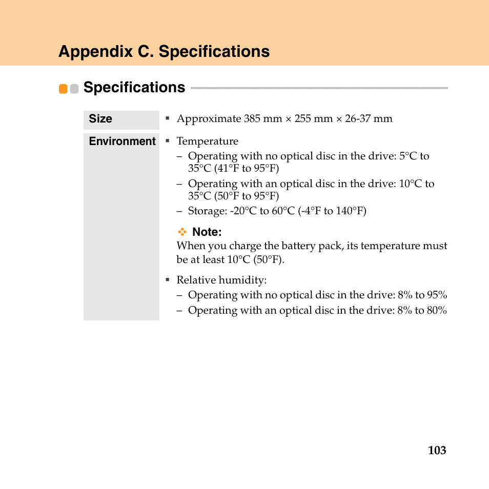 Appendix c. specifications, Specifications | Lenovo IdeaPad Y550P User Manual | Page 111 / 142