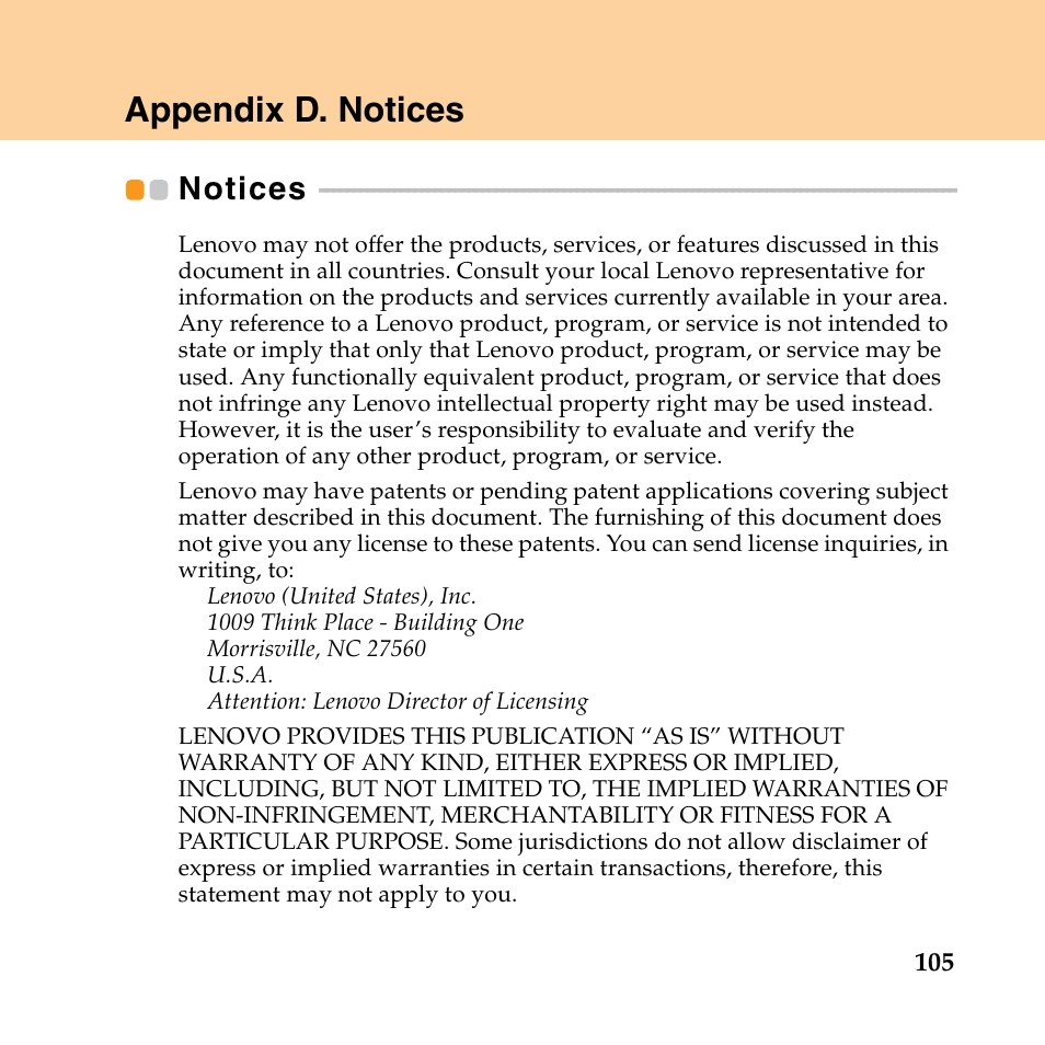 Appendix d. notices, Notices | Lenovo IdeaPad Y550P User Manual | Page 113 / 142