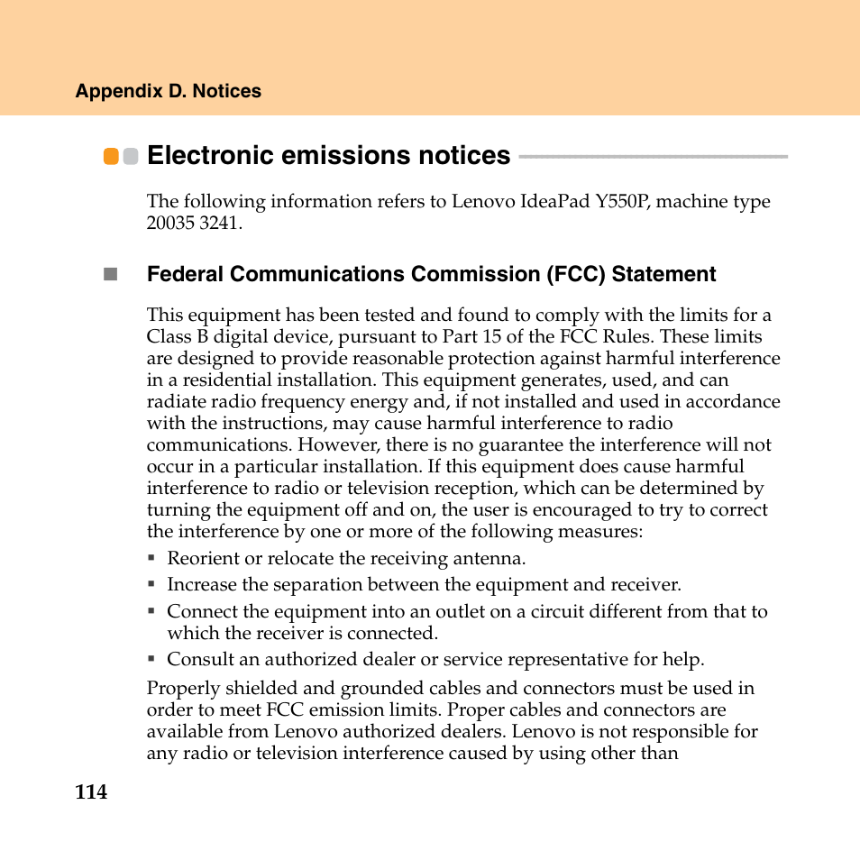 Electronic emissions notices | Lenovo IdeaPad Y550P User Manual | Page 122 / 142