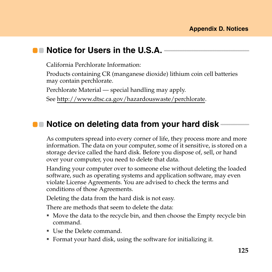 Notice for users in the u.s.a, Notice on deleting data from your hard disk | Lenovo IdeaPad Y550P User Manual | Page 133 / 142