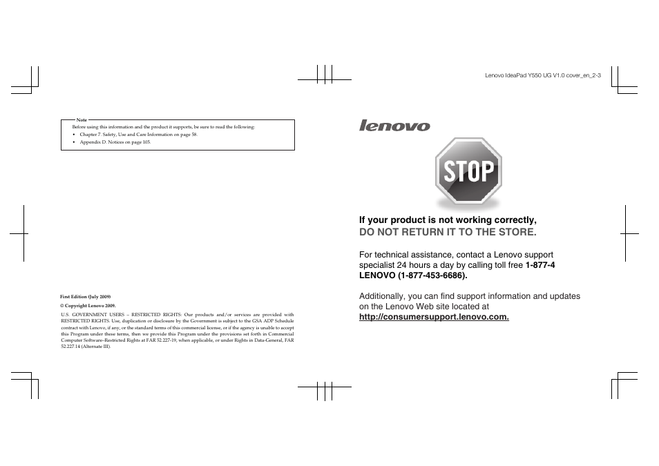 Do not return it to the store, If your product is not working correctly | Lenovo IdeaPad Y550P User Manual | Page 2 / 142
