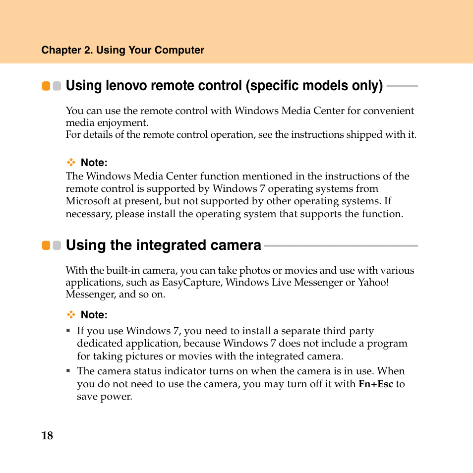 Using lenovo remote control (specific models only), Using the integrated camera | Lenovo IdeaPad Y550P User Manual | Page 26 / 142