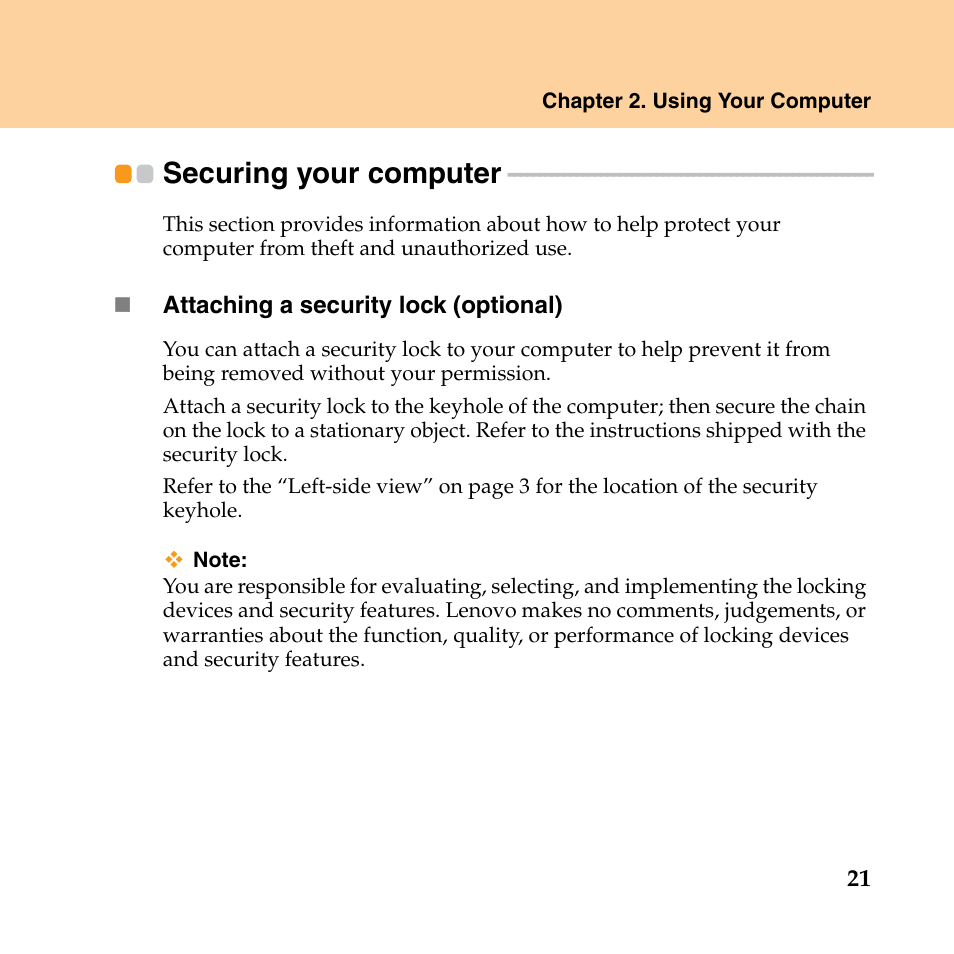 Securing your computer | Lenovo IdeaPad Y550P User Manual | Page 29 / 142