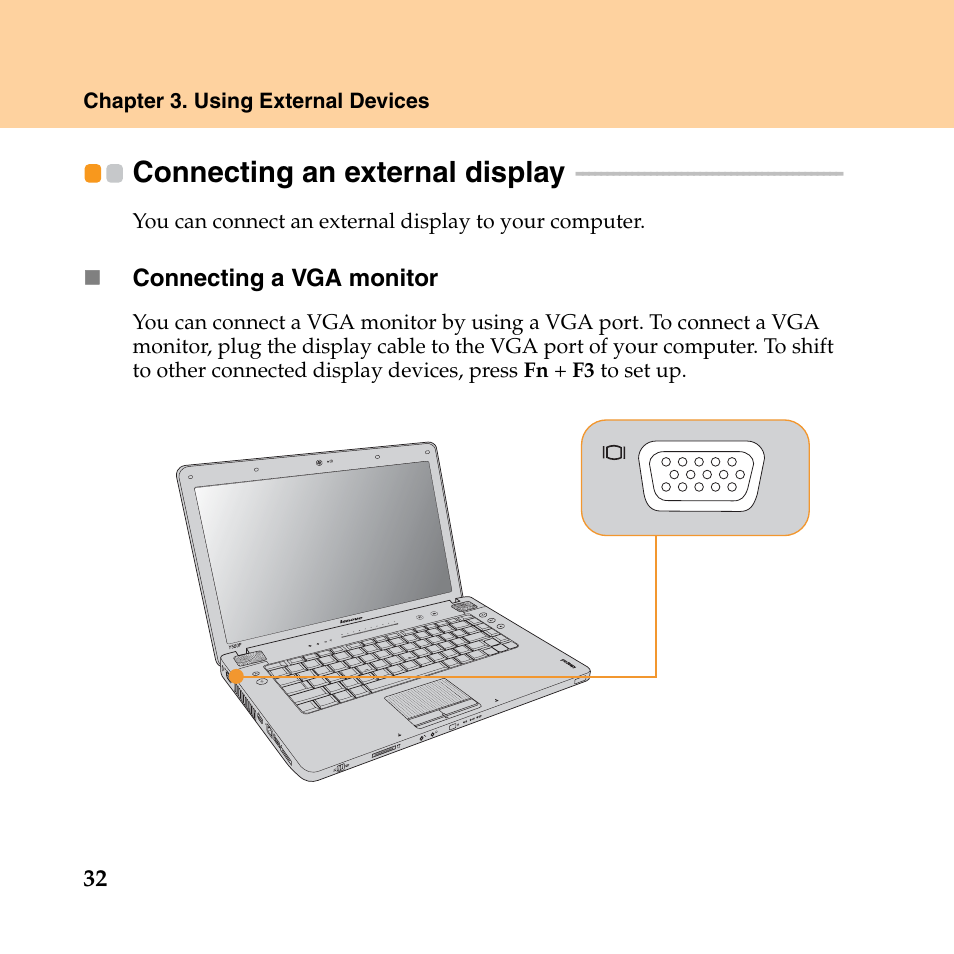 Connecting an external display | Lenovo IdeaPad Y550P User Manual | Page 40 / 142