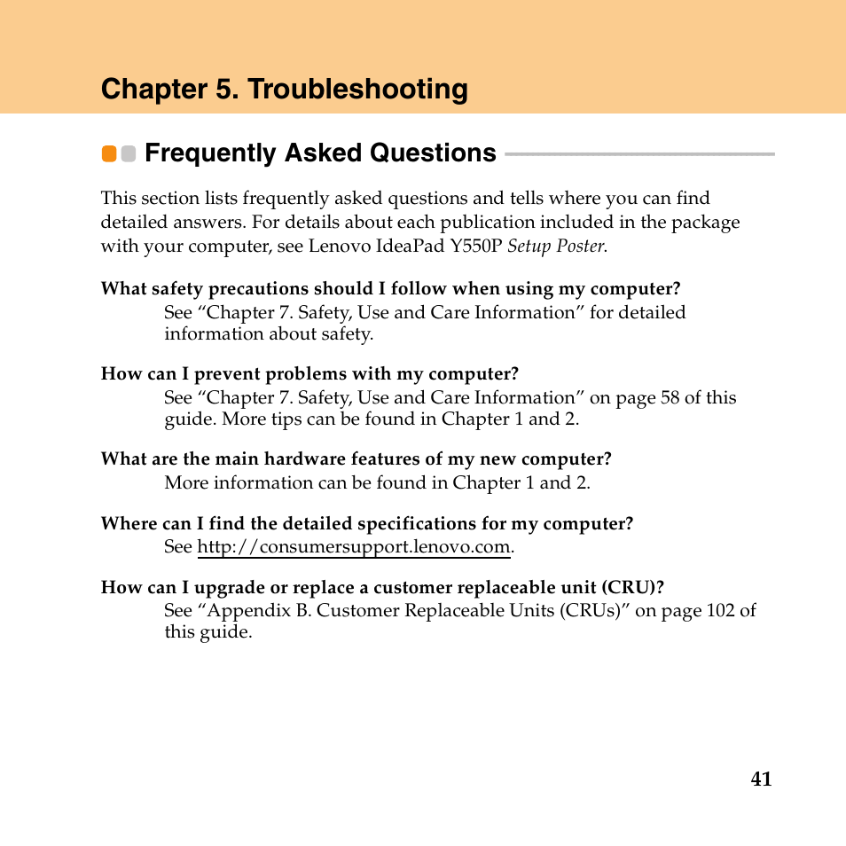 Chapter 5. troubleshooting, Frequently asked questions | Lenovo IdeaPad Y550P User Manual | Page 49 / 142