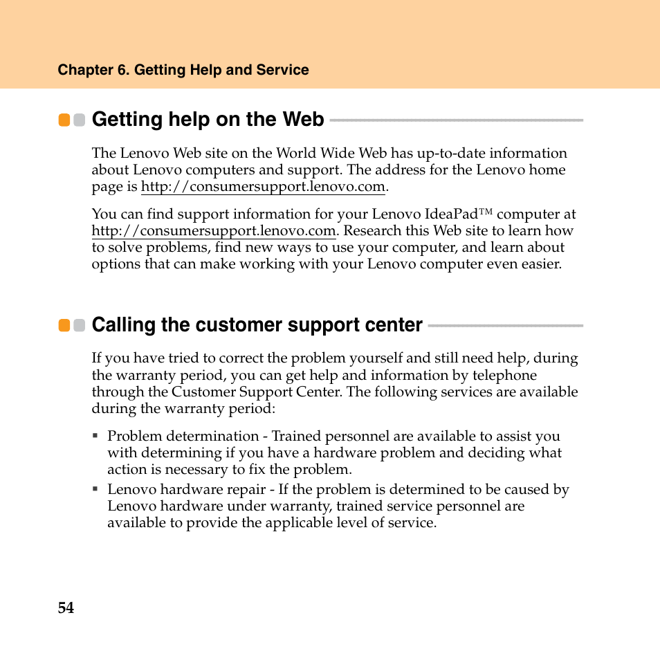 Getting help on the web, Calling the customer support center | Lenovo IdeaPad Y550P User Manual | Page 62 / 142