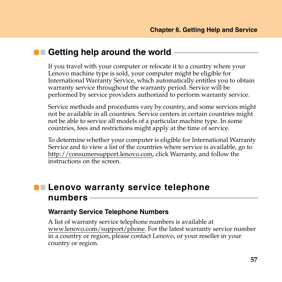 Getting help around the world, Lenovo warranty service telephone numbers | Lenovo IdeaPad Y550P User Manual | Page 65 / 142