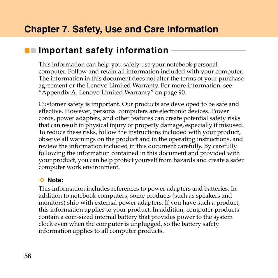 Chapter 7. safety, use and care information, Important safety information | Lenovo IdeaPad Y550P User Manual | Page 66 / 142