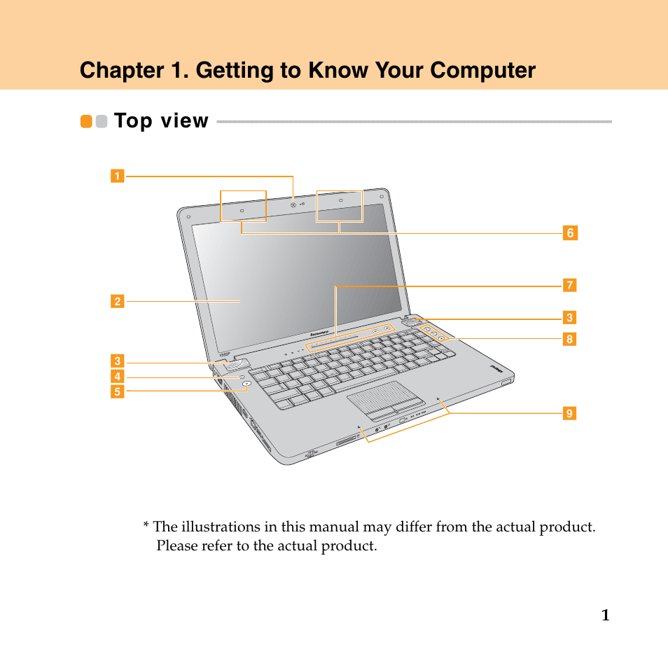 Chapter 1. getting to know your computer, Top view | Lenovo IdeaPad Y550P User Manual | Page 9 / 142