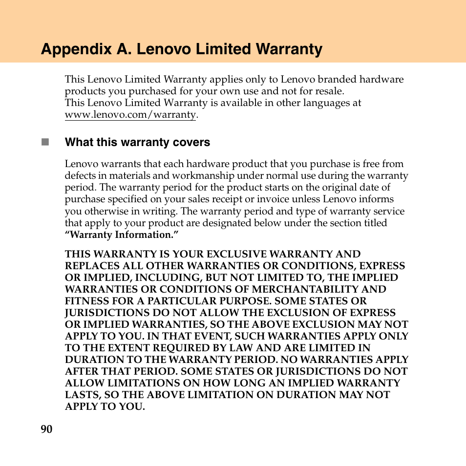 Appendix a. lenovo limited warranty | Lenovo IdeaPad Y550P User Manual | Page 98 / 142