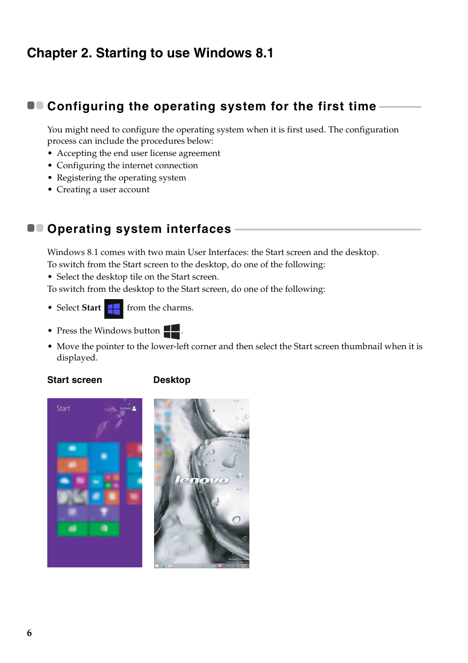 Chapter 2. starting to use windows 8.1, Operating system interfaces | Lenovo Miix 2 8 Tablet Lenovo User Manual | Page 10 / 30