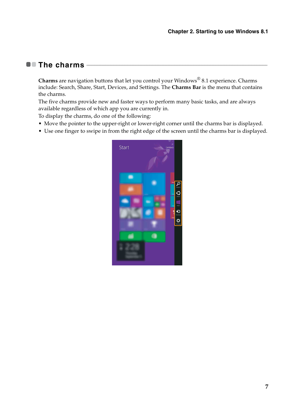 The charms | Lenovo Miix 2 8 Tablet Lenovo User Manual | Page 11 / 30