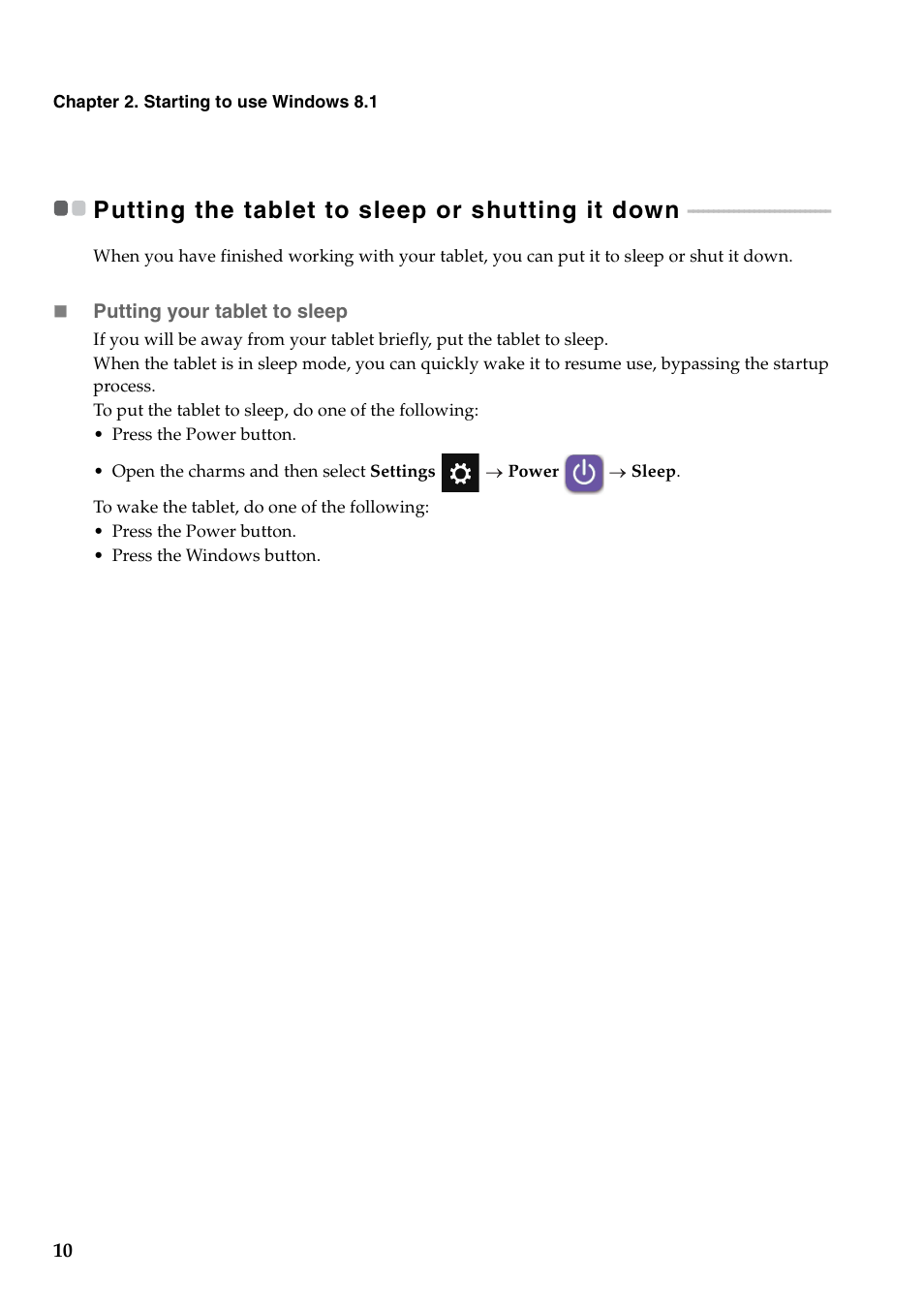 Putting the tablet to sleep or shutting it down | Lenovo Miix 2 8 Tablet Lenovo User Manual | Page 14 / 30