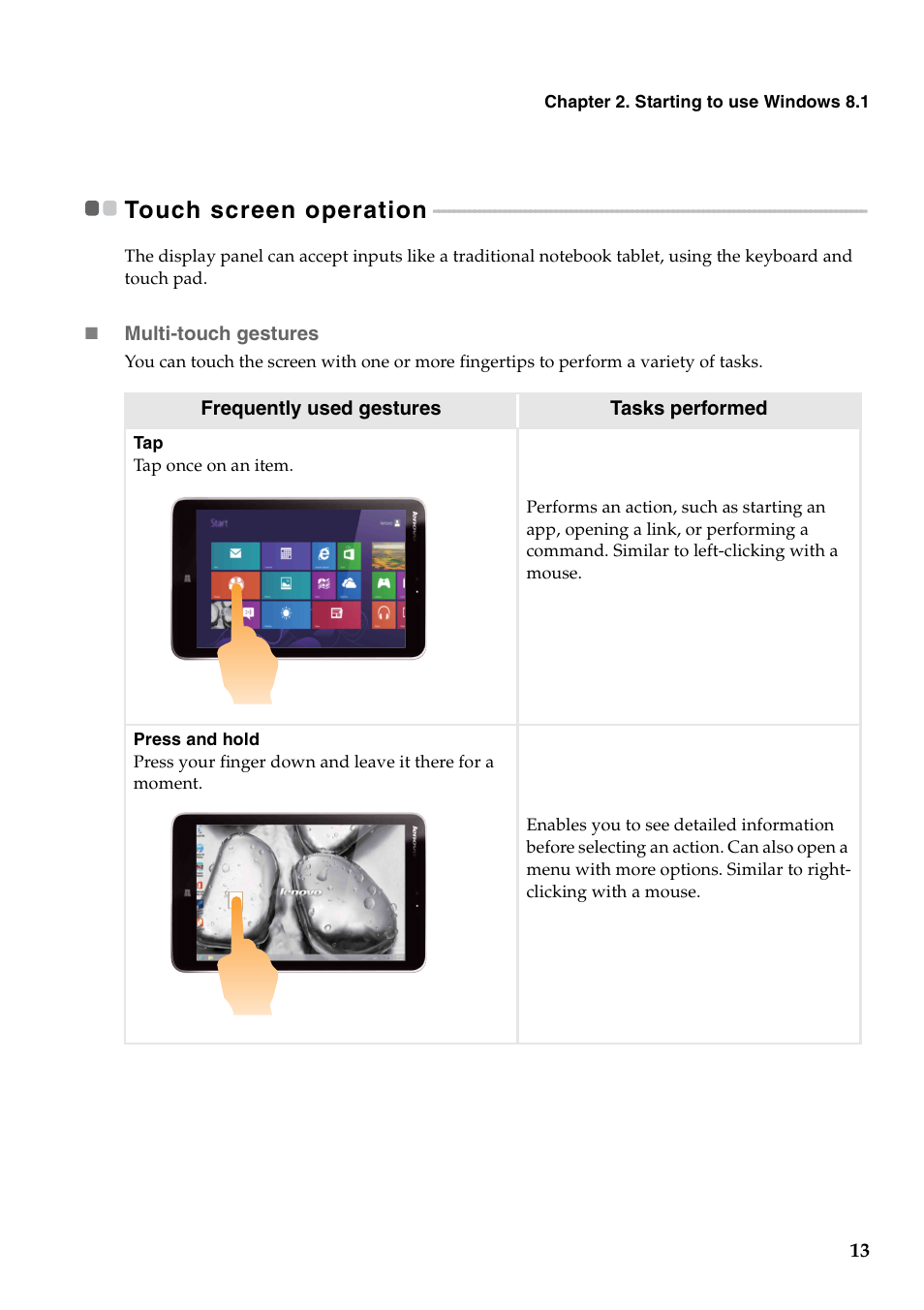 Touch screen operation | Lenovo Miix 2 8 Tablet Lenovo User Manual | Page 17 / 30