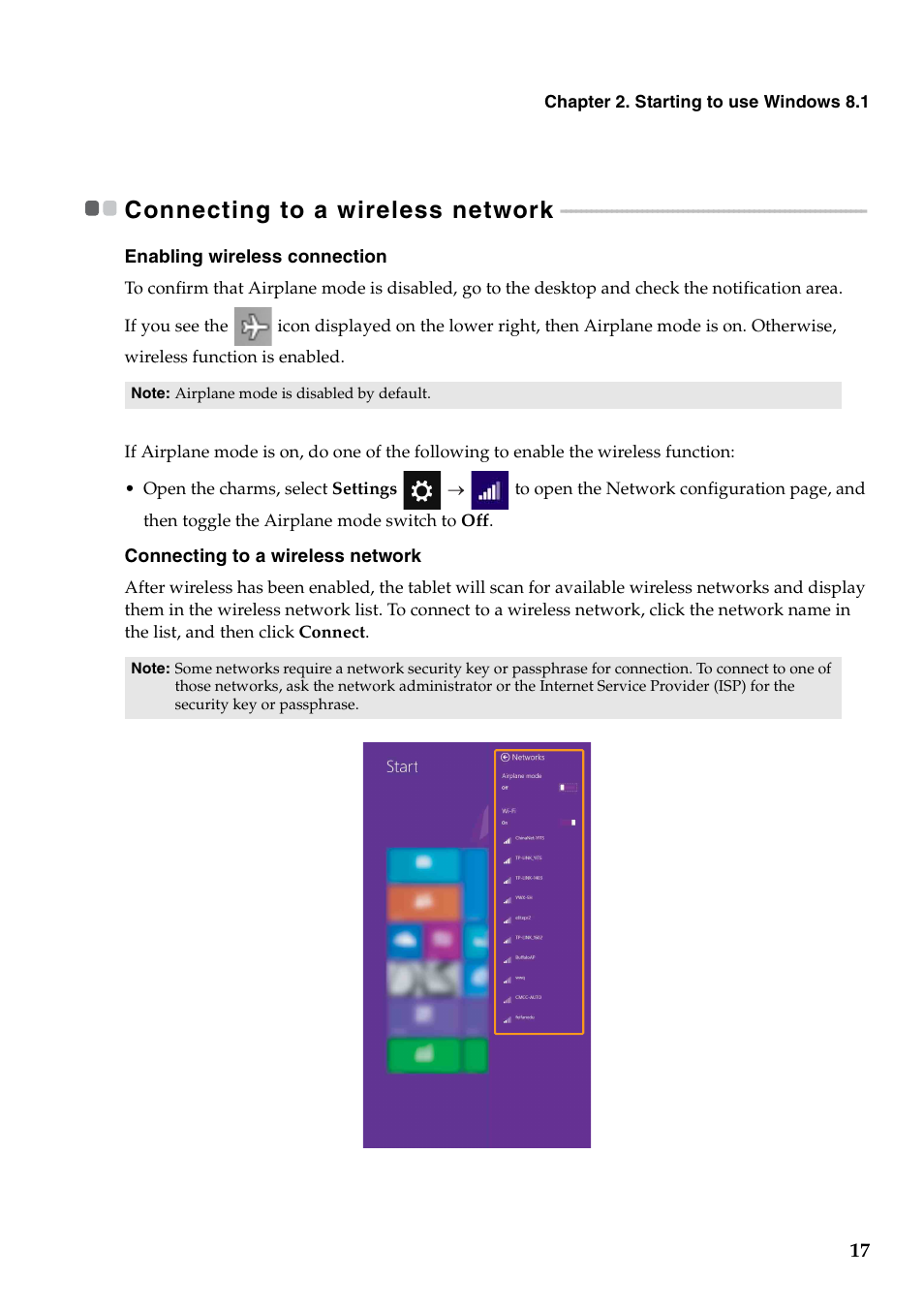 Connecting to a wireless network | Lenovo Miix 2 8 Tablet Lenovo User Manual | Page 21 / 30