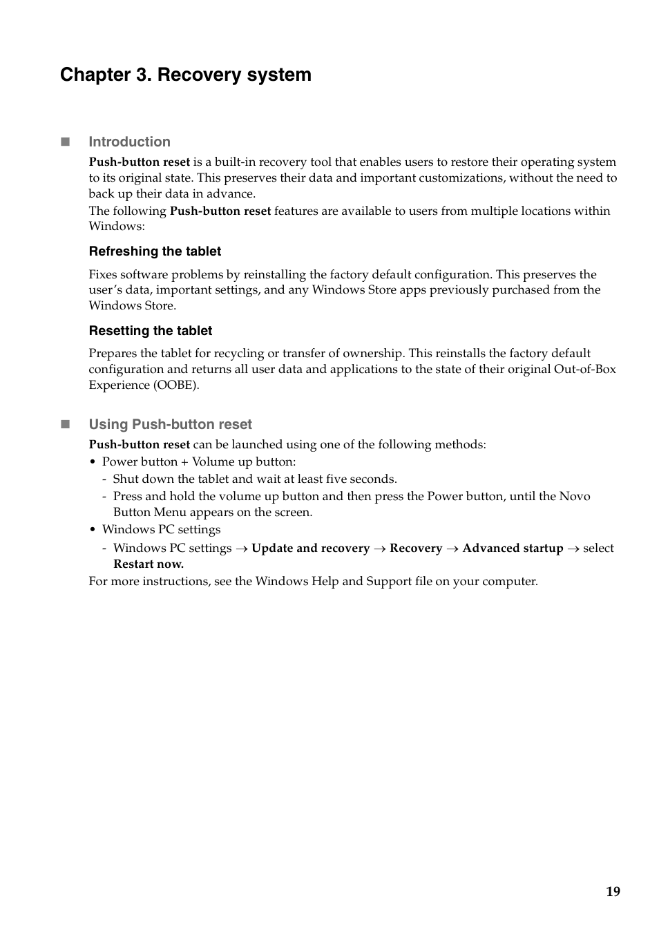 Chapter 3. recovery system | Lenovo Miix 2 8 Tablet Lenovo User Manual | Page 23 / 30