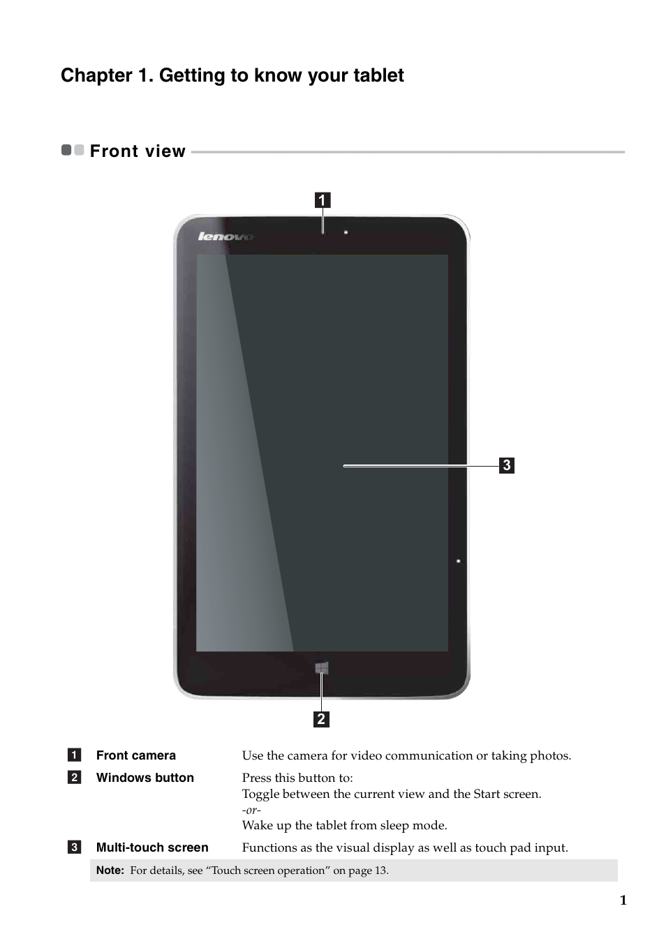 Chapter 1. getting to know your tablet, Front view | Lenovo Miix 2 8 Tablet Lenovo User Manual | Page 5 / 30