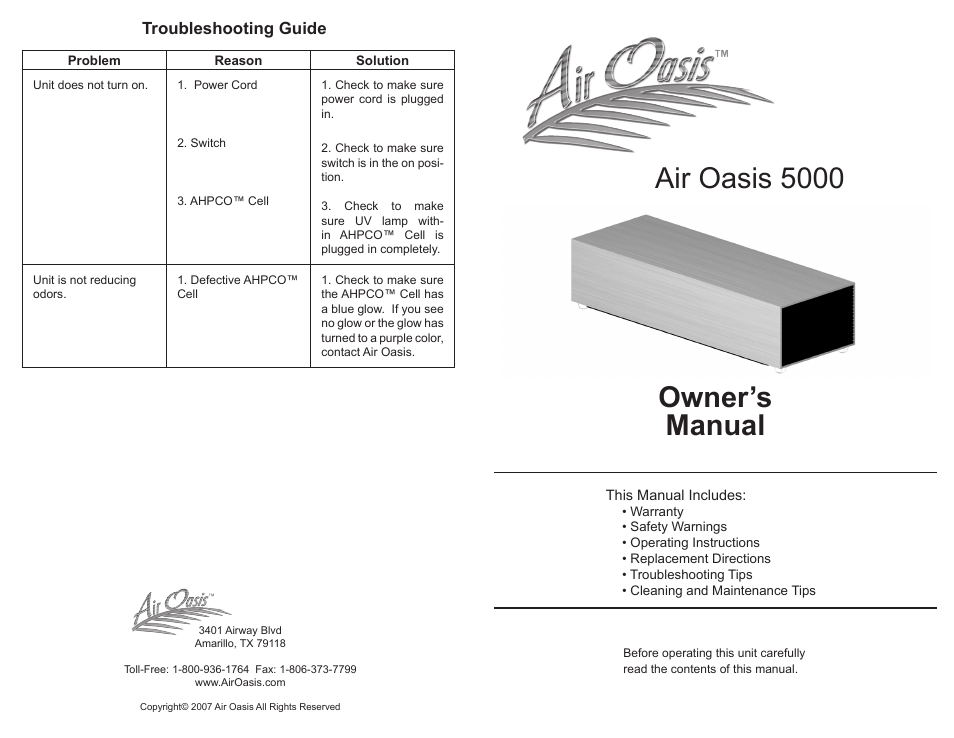 Air Oasis 5000 User Manual | 4 pages
