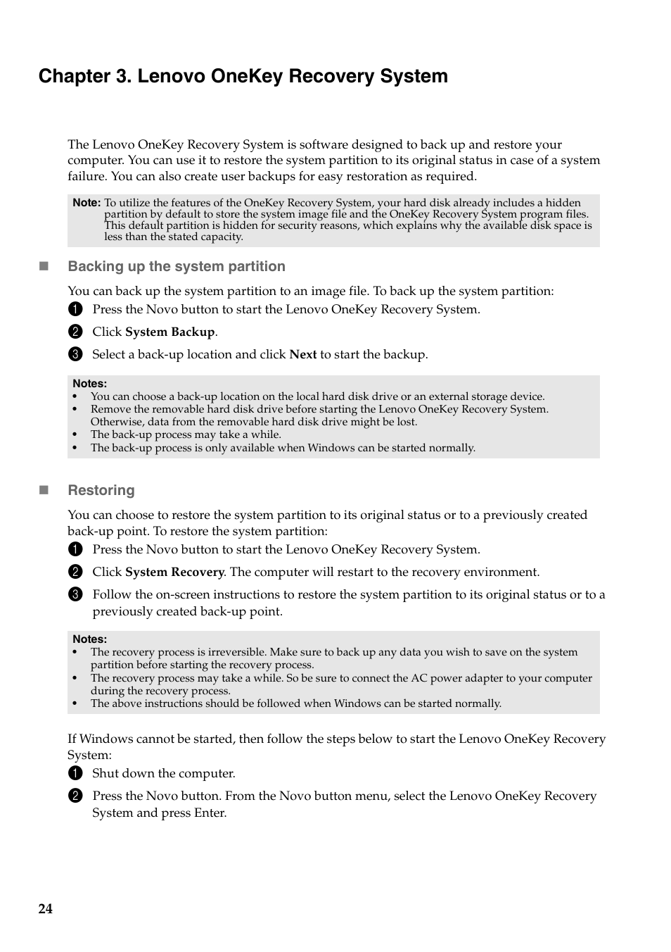 Chapter 3. lenovo onekey recovery system | Lenovo IdeaPad Y410p Notebook User Manual | Page 28 / 40